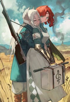 2girls absurdres apron artistic_error blue_coat blue_dress blue_eyes blue_sky boots brown_boots closed_eyes closed_mouth cloud coat commission dress feet_out_of_frame gauntlets grass grey_hair gun hair_ornament head_on_another's_shoulder highres holding holding_suitcase hug hug_from_behind long_dress long_hair looking_to_the_side low_ponytail marsha_(reverse:1999) multiple_girls outdoors pants ponytail red_hair reverse:1999 rifle rod_of_asclepius sentinel_(reverse:1999) short_hair sky smile standing suitcase trustyskittles weapon white_apron white_pants yuri