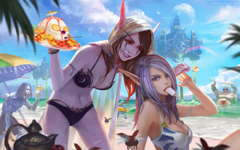 2girls 3boys alcohol armor artist_name backlighting beach beach_umbrella bikini bikini_armor black_bikini blonde_hair blue_skin blue_sky bone bottle branch breasts bug castle character_request chenbo cloak cloud cocktail_umbrella collarbone colored_skin cup day drinking_glass earrings elf email_address eyebrows eyelashes facial_tattoo fantasy fat fat_man food gelatin grin highres holding holding_bottle holding_cup holding_plate holding_spoon hood hooded_cloak hook_hand horizon ice_cream jewelry large_breasts leaning_forward lips looking_at_another looking_at_viewer moon mouth_hold multiple_boys multiple_girls navel nose ocean one-piece_swimsuit outdoors parted_lips partially_submerged pitcher_(container) plate plump pointy_ears popsicle purple_eyes purple_hair purple_skin rainbow realistic red_eyes see-through_clothes signature sky smile spoon sunglasses sunlight swimsuit sylvanas_windrunner tattoo tongue tongue_out umbrella undead vereesa_windrunner warcraft water white_one-piece_swimsuit wine wine_bottle wine_glass world_of_warcraft zombie