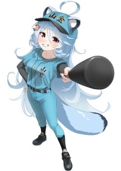.live 1girl absurdres ahoge animal_ears baseball_bat baseball_cap baseball_uniform black_shoes blue_hair breasts commentary_request flower full_body grin hair_between_eyes hair_flower hair_ornament hand_on_own_hip hat highres holding holding_baseball_bat long_hair medium_breasts mole mole_on_breast perspective raccoon_ears raccoon_girl raccoon_tail red_eyes shoes smile solo sportswear tail tama_(tamago) very_long_hair virtual_youtuber watanuki_neguse