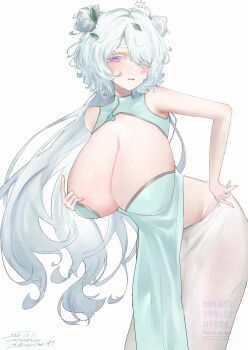 Rule 34 | 1girl, absurdres, adjusting clothes, alternate costume, animal, animal on head, bird, bird on head, blush, breasts, china dress, chinese clothes, cleavage, cleavage cutout, clothing cutout, colored eyelashes, commentary, dated, double bun, dress, embarrassed, feet out of frame, goddess of victory: nikke, hair bun, hair over one eye, hand under clothes, hanging breasts, highres, large breasts, leaf, leaf on head, leaning forward, long hair, looking at viewer, miumiumi 99, mole, mole on breast, mole under mouth, on head, open mouth, pelvic curtain, purple eyes, signature, simple background, sleeveless, sleeveless dress, solo, standing, thick eyelashes, trina (nikke), twitter username, watermark, wavy hair, white background, white dress, white hair