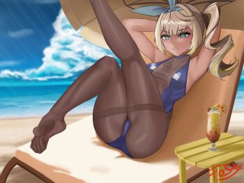 Rule 34 | 1girl, beach, blonde hair, blue eyes, chair, clenched teeth, cocktail glass, cup, drinking glass, feet, footjob, fos1x, girls' frontline, girls' frontline 2: exilium, hairband, highres, light blush, long hair, lounge chair, pantyhose, parasol, sharkry (girls' frontline 2), side ponytail, soles, teeth, toes, umbrella