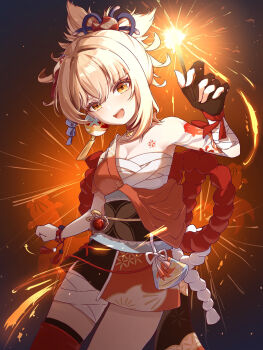 1girl arm_tattoo asymmetrical_legwear black_gloves blonde_hair blush breasts butterfly_choker chest_sarashi chest_tattoo choker cleavage commentary_request fingerless_gloves fish_tattoo flower_tattoo genshin_impact gloves hadanugi_dousa hair_between_eyes hair_ornament highres japanese_clothes kimono long_hair looking_at_viewer medium_breasts off_shoulder open_kimono open_mouth orange_kimono pyro_symbol_(genshin_impact) red_choker rope sarashi shimenawa smile solo tattoo tsukine122 vision_(genshin_impact) yoimiya_(genshin_impact)