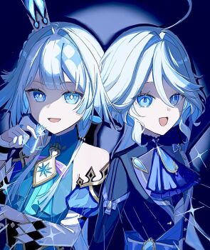 Rule 34 | 2girls, ahoge, bare shoulders, blue dress, blue eyes, blue hair, breasts, cerydra (honkai: star rail), chess piece, commentary, company connection, crown, detached sleeves, dress, furina (genshin impact), genshin impact, heterochromia, highres, honkai: star rail, honkai (series), long hair, looking at viewer, medium breasts, multiple girls, open mouth, ponytail, smile, symbol-only commentary, upper body