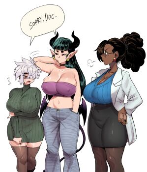 3girls armpit_crease averting_eyes bags_under_eyes black_skirt blue_sweater borrowed_character breasts brown_hair brown_thighhighs charlotte_(insouwu) cleavage commentary covered_erect_nipples crop_top dark-skinned_female dark_skin demon_girl demon_horns demon_wings denim english_commentary english_text flying_sweatdrops from_side glasses green_hair green_sweater hands_on_own_hips heart heart-shaped_pupils height_difference highres horns insouwu jeans jewelry lab_coat large_breasts looking_at_another low_wings medium_hair mole mole_under_eye multiple_girls nail_polish navel open_mouth original pants pendant pointy_ears puff_of_air purple_shirt red_eyes shirt short_eyebrows short_hair simple_background skindentation skirt speech_bubble stomach sweater symbol-shaped_pupils thick_eyebrows thighhighs tongue tongue_out turtleneck turtleneck_sweater white_background white_hair wings