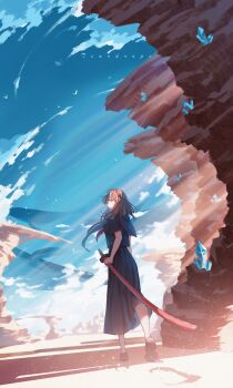 Rule 34 | 1girl, absurdres, artist name, black serafuku, black shirt, black skirt, brown hair, brown shoes, chinese commentary, commentary, crystal, day, film grain, from behind, full body, highres, holding, holding sheath, holding sword, holding weapon, katana, loafers, long skirt, looking back, medium hair, neckerchief, original, outdoors, pleated skirt, red neckerchief, rock, school uniform, serafuku, sheath, shirt, shoes, short sleeves, skirt, sky, solo, sunlight, sword, teardrops (user vgvd7733), turning head, twisted torso, walking, weapon