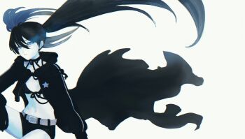 1girl aniiinry belt bikini bikini_top_only black_coat black_hair black_rock_shooter black_rock_shooter_(character) black_shorts blue_eyes coat commentary flaming_eye front-tie_bikini_top front-tie_top glowing glowing_eye highres long_hair no_shirt open_clothes open_coat pale_skin scar shorts swimsuit twintails uneven_twintails untranslatable_commentary white_background