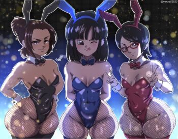 3girls animal_ears arms_behind_back artist_name ass black_boots black_bow black_bowtie black_eyes black_hair black_leotard black_pantyhose blue_boots blue_bow blue_bowtie blue_leotard boots boruto:_naruto_next_generations bow bowtie breasts brown_hair closed_mouth collar collarbone covered_navel cowboy_shot crossover detached_collar double_v dragon_ball dragon_ball_gt fake_animal_ears female_focus fishnet_pantyhose fishnets gabi_braun glasses hands_on_own_hips hands_up highleg highleg_leotard highres huge_ass leotard matching_hair/eyes medium_breasts medium_hair multiple_girls naruto_(series) nexxa nose one_eye_closed pan_(dragon_ball) pantyhose petite playboy_bunny ponytail rabbit_ears red-framed_eyewear red_boots red_bow red_bowtie red_leotard shingeki_no_kyojin short_hair short_ponytail smile smug standing strapless strapless_leotard tan thick_thighs thigh_boots thighs tongue tongue_out uchiha_sarada v white_collar wide_hips wrist_cuffs