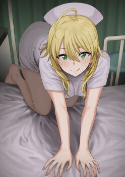 1girl :q ahoge all_fours bed blonde_hair blush breasts commentary dress green_eyes hair_between_eyes hat highres hoshii_miki hospital_bed idolmaster idolmaster_(classic) indoors large_breasts long_hair looking_at_viewer nurse nurse_cap short_sleeves smile solo tongue tongue_out tsurui white_dress