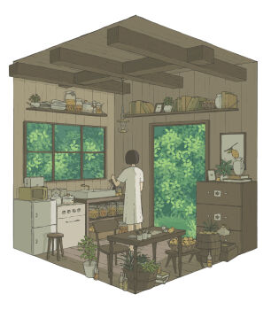 1girl basket black_hair bob_cut book bowl brown_theme bush chair chest_of_drawers commentary cooking_pot crate day diorama doorway dress faucet food from_behind fruit fruit_basket glass_bottle glass_jar grass hand_up hanging_light highres indoors jar kerosene_lamp kettle lamp lemon limited_palette ma_(mamamauuuuu) microwave original oven picture_frame pile_of_books pitcher_(container) plant potted_plant rafters refrigerator shelf short_hair short_sleeves sink solo standing table toaster white_dress wide_shot window wooden_chair wooden_floor wooden_stool wooden_table