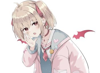 1girl :o ahoge blush bow brown_eyes brown_hair cac_itinose choker commentary_request detached_wings fang hair_bow hand_to_own_mouth hand_up heart heart_o-ring highres hood hood_down hooded_jacket jacket leaning_forward long_sleeves looking_at_viewer neckerchief o-ring open_clothes open_jacket open_mouth original pink_jacket puffy_long_sleeves puffy_sleeves red_bow red_choker red_neckerchief red_wings sailor_collar shirt simple_background solo star_(symbol) twintails white_background white_sailor_collar white_shirt wings