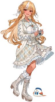 1girl :d absurdres blonde_hair blue_ribbon boots braid brooch camera commentary_request corset cross-laced_clothes cross-laced_sleeves crown_braid dark-skinned_female dark_elf dark_skin elf elfriend_(shiranui_flare) fang frilled_corset frilled_skirt frills full_body grey_boots grey_corset grey_jacket grey_sailor_collar grey_skirt hair_bun hair_ribbon highres holding holding_camera hololive jacket jewelry lace-up_boots layered_skirt long_hair looking_at_viewer multicolored_hair neck_ribbon official_alternate_costume open_mouth platform_boots pointy_ears red_eyes ribbon rum_raisin_(chihiromakita19) sailor_collar shiranui_flare shiranui_flare_(8th_costume) shirt side_up_bun simple_background skin_fang skirt smile solo streaked_hair virtual_youtuber white_background white_ribbon white_shirt