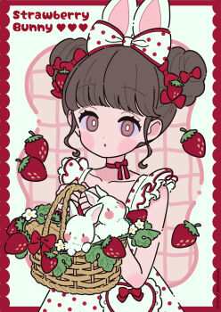1girl animal animal_ears basket border bow brown_eyes brown_hair collarbone commentary double_bun dress english_commentary english_text food food-themed_hair_ornament fruit grey_background hair_bow hair_bun hair_ornament heart highres holding holding_basket looking_at_viewer neki_(wakiko) original parted_lips polka_dot polka_dot_bow polka_dot_dress rabbit rabbit_ears red_border red_bow solo strawberry strawberry_hair_ornament white_bow white_dress