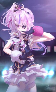 1girl absurdres ahoge armpits artist_name ass bike_shorts_under_skirt black_gloves blush cowboy_shot eyepatch gloves heart heart_ahoge highres long_hair maria_marionette multicolored_hair night nijisanji nijisanji_en nijisanji_idol_uniform parted_lips pink_eyes pink_hair purple_hair rmnrzel side_ponytail solo streaked_hair