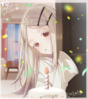 1girl 2025 :o artist_name blonde_hair blurry blurry_background border cake candle colored_eyelashes commentary_request confetti door flipped_hair food gakuen_idolmaster gradient_hair grey_hair hair_ornament hairclip happy_birthday highres idolmaster kokaka66 long_hair looking_at_viewer multicolored_hair open_mouth orange_eyes parallel_hairclips parted_bangs peeking_out robe shinosawa_hiro signature sleeves_past_fingers sleeves_past_wrists solo spaghetti_strap upper_body white_border white_robe wide_sleeves