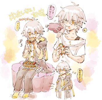 ... 1boy 1girl antenna_hair artist_name black_coat black_gloves black_pants blush caelus_(honkai:_star_rail) chair closed_mouth coat dairyksan eating fingerless_gloves food food_on_face full_body gloves grey_hair hair_between_eyes half-closed_eyes hand_on_own_stomach handkerchief hands_up hashtag-only_commentary highres holding holding_food holding_handkerchief holding_sandwich honkai:_star_rail honkai_(series) hood hooded_coat jewelry kafka_(honkai:_star_rail) lapels long_sleeves looking_ahead looking_at_another looking_at_food looking_down lunchbox male_focus multiple_rings multiple_views no_shoes on_chair one_eye_closed open_clothes open_coat pants purple_gloves ring sandwich shirt short_hair short_sleeves single_glove sitting socks solo_focus speech_bubble spoken_ellipsis t-shirt thought_bubble trailblazer_(honkai:_star_rail) translation_request two-sided_coat two-sided_fabric upper_body white_shirt yellow_coat yellow_eyes yellow_socks