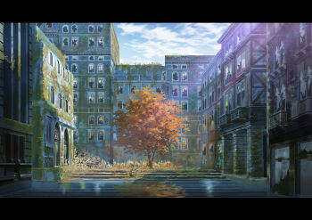 Rule 34 | abandoned, absurdres, autumn leaves, blue sky, building, cloud, commentary request, day, flood, grass, highres, leaf, letterboxed, moss, no humans, original, outdoors, overgrown, post-apocalypse, scenery, shade, sky, stairs, sumassha t t, tortoise, tree, turtle, variant set, water