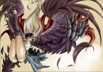 1girl armor ass bencao_gangmu black_armor black_boots black_panties black_skirt blonde_hair boots breastplate brown_thighhighs cape commentary_request falling feathered_wings floating_hair full_body heterochromia legs long_hair looking_at_viewer orange_background panties pauldrons purple_eyes purple_wings ragnarok_online red_cape red_eyes shoulder_armor showgirl_skirt skirt solo thighhighs underwear valkyrie valkyrie_randgris very_long_hair wings yellow_background
