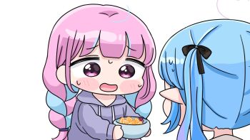 2girls :d ahoge black_bow blue_hair blush_stickers bow bowl braid chibi drawstring food grey_hoodie hair_bow heart heart_ahoge highres holding holding_bowl hololive hood hood_down hoodie long_hair low_twintails minato_aqua mochimiko multicolored_hair multiple_girls nervous_smile open_mouth pink_hair pointy_ears purple_eyes purple_hair simple_background smile streaked_hair sweat twin_braids twintails two-tone_hair very_long_hair virtual_youtuber white_background yukihana_lamy