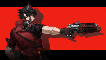 1boy animal_ear_fluff animal_ears arknights arknights:_endfield black_gloves black_hair commentary english_commentary gloves gun highres holding holding_gun holding_weapon jacket letterboxed male_focus red_jacket secretfj520 short_hair solo upper_body weapon wolf_boy wolf_ears wulfgard_(arknights)
