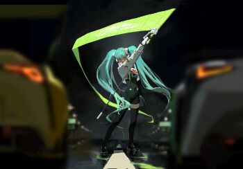1girl absurdres aqua_eyes aqua_hair asymmetrical_bodysuit black_bodysuit black_gloves blurry blurry_background blurry_foreground bodysuit boots car commentary covered_navel cropped_jacket english_commentary flag flagpole flame_print full_body gloves goodsmile_company goodsmile_racing green_flag green_gloves hair_between_eyes hatsune_miku highres holding holding_flag holding_pole jacket long_hair long_sleeves motor_vehicle night outdoors pole race_queen race_vehicle racecar racetrack racing_miku racing_miku_(2022) recon_(54995499) road scenery single_leg_bodysuit single_thigh_boot single_thighhigh smiley_face solo spoiler_(automobile) standing text_print thigh_boots thighhighs twintails two-tone_gloves very_long_hair vocaloid white_jacket