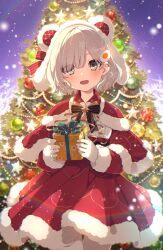 Rule 34 | 1girl, :d, animal ears, anya kumori, black bow, blush, bow, box, christmas, christmas tree, dress, fake animal ears, fur-trimmed dress, fur trim, gift, gift box, gloves, grey eyes, grey hair, hair bow, hair ornament, holding, holding gift, holly, indie virtual youtuber, looking at viewer, mamyouda, night, night sky, open mouth, outdoors, red bow, red dress, sky, smile, solo, standing, star (symbol), virtual youtuber, white gloves