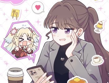 >_< 2girls black_sweater breast_pocket brown_dress brown_hair butter cellphone clenched_hands coffee colored_speech_bubble commentary cup disposable_coffee_cup disposable_cup dress flying_sweatdrops food fujishima_megumi fujishima_megumi_(post-graduation) grey_jacket hasu_no_sora_school_uniform heart highres holding holding_phone iphone jacket link!_like!_love_live! long_hair long_sleeves love_live! multiple_girls neckerchief open_clothes open_jacket open_mouth osawa_rurino pancake phone pocket ponytail pudding red_neckerchief sailor_collar sailor_dress school_uniform sidelocks smartphone speech_bubble spoken_character spoken_heart suit_jacket sweater turtleneck turtleneck_sweater virtual_youtuber watage_modoki white_sailor_collar winter_uniform