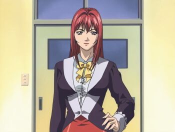 00s 1girl 2001 animated animated_gif bible_black bible_black_night_of_the_walpulgiss bow classroom jacket lipstick long_hair makeup mature_female purple_eyes purple_jacket red_hair red_skirt school shirt skirt smile solo tagme takashiro_hiroko teacher white_shirt yellow_bow