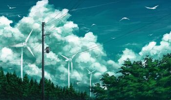 bird blue_sky cloud cloudy_sky commentary_request contrail cumulonimbus_cloud day forest gensuke_(ryun) highres nature no_humans original outdoors power_lines scenery sky tree utility_pole wind_turbine windmill