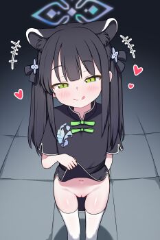 1girl :q absurdres animal_ears black_dress black_hair blue_archive blush china_dress chinese_clothes clothes_lift dress dress_lift green_eyes halo heart highres lifting_own_clothes loli long_hair looking_at_viewer no_panties paid_reward_available pussy short_sleeves shun_(blue_archive) shun_(small)_(blue_archive) smile solo thigh_gap thighhighs third-party_edit tiger_ears tongue tongue_out twintails uncensored variant_set white_thighhighs zing_(z_z_zing)