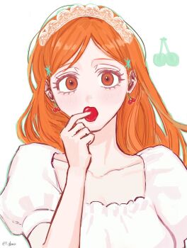 1girl artist_name bleach breasts brown_eyes cherry cherry_earrings collarbone earrings female_focus food food_themed_earrings fruit hair_ornament hairclip highres inoue_orihime jewelry long_hair looking_at_viewer orange_hair p_glansk puffy_sleeves simple_background snowflake_hair_ornament upper_body white_background