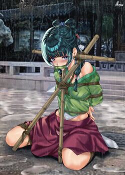 1girl absurdres artist_name bamboo bdsm bit_gag blue_eyes bondage bound bound_arms bound_legs breast_bondage breasts commentary drawfagmona english_commentary gag gagged green_hair green_shirt highres kusuriya_no_hitorigoto long_hair looking_at_viewer maomao_(kusuriya_no_hitorigoto) midriff_peek outdoors ponytail rain restrained shibari shibari_over_clothes shirt single_bare_shoulder sitting skirt small_breasts solo