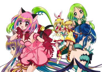 aizawa_mint animal_ears aqua_gloves aqua_hair arm_up bell blonde_hair blue_hair bow cat_ears cat_tail detached_sleeves double_bun dress fingerless_gloves fong_pudding fujiwara_zakuro gloves green_hair hair_bow hair_bun jingle_bell kneehighs legband long_hair magical_girl marco_albiero mew_berry mew_ichigo mew_lettuce mew_mint mew_pudding mew_zakuro midorikawa_lettuce momomiya_ichigo multicolored_hair one_eye_closed open_mouth outstretched_arms pink_dress pink_hair puffy_detached_sleeves puffy_sleeves purple_hair rabbit_ears red_gloves shirayuki_berry short_dress short_hair smile socks tail tail_bell tail_bow tail_ornament tokyo_mew_mew tokyo_mew_mew_a_la_mode two-tone_hair two_side_up very_long_hair white_background wings yellow_dress
