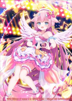 1girl bare_shoulders beamed_eighth_notes beamed_sixteenth_notes blue_eyes bow breasts concert confetti copyright_notice dress feathered_wings four-finger_heart_hands frilled_dress frilled_thigh_strap frills glowstick hair_bow hair_ornament hair_ribbon halo heart heart_hands idol_clothes large_breasts liuliu long_hair marie_(z/x) musical_note official_art open_mouth pink_bow pink_hair pink_shoes ribbon shoes solo stage_lights thigh_strap traditional_halo very_long_hair wings yellow_ribbon z/x