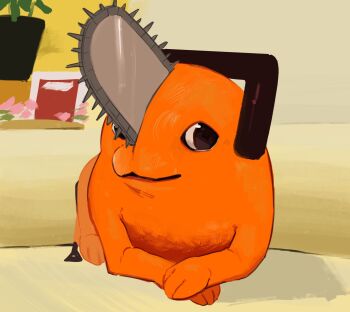 black_eyes chainsaw chainsaw_man closed_mouth couch creature creature_focus doge goldenpenhd highres indoors no_humans on_couch photo-referenced plant pochita_(chainsaw_man) potted_plant solo