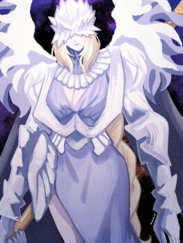 Rule 34 | 1girl, armor, black background, blonde hair, braid, breasts, cleavage, clothing cutout, covered eyes, dress, elden ring, elden ring nightreign, helmet, helmet over eyes, highres, hip armor, holding, holding polearm, holding weapon, large breasts, long braid, long hair, miqueliafantasia, navel, navel cutout, no lineart, ornate armor, parted lips, polearm, sarong, single braid, solo, spear, very long hair, weapon, weapon bequeathed harmonia (elden ring), white dress, white sarong, wide hips, wings