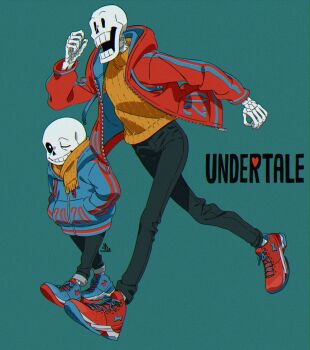 2boys alternate_costume black_pants blue_background blue_footwear blue_jacket brothers cel_shading copyright_name denim drawstring film_grain from_side full_body grin hand_up hands_in_pockets highres hood hood_down hooded_jacket jacket jeans kamezaemon male_focus multiple_boys one_eye_closed open_clothes open_jacket open_mouth pants papyrus_(undertale) red_footwear red_jacket sans_(undertale) scarf shoes siblings simple_background skeleton smile sneakers solid_oval_eyes sweater two-sided_fabric undertale utdr_(toby_fox) walking yellow_scarf yellow_sweater