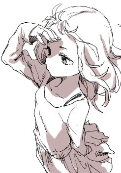 1girl absurdres arm_up collarbone commentary fingernails flat_chest from_above highres long_sleeves looking_ahead medium_hair monochrome original shading_eyes shirt simple_background sketch skirt solo white_background wind yamamoto_souichirou