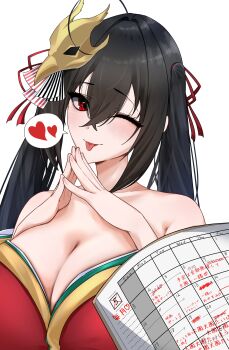 1girl ;p absurdres azur_lane bare_shoulders black_hair breasts calendar_(object) commentary_request crossed_bangs hair_between_eyes hair_ribbon heart highres huge_breasts japanese_clothes kimono long_hair looking_at_viewer nonokuro_no96 off_shoulder one_eye_closed red_eyes red_kimono red_ribbon ribbon solo_focus spoken_heart taihou_(azur_lane) tongue tongue_out twintails