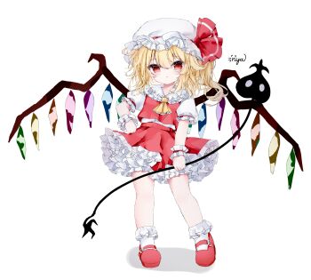 Rule 34 | 1girl, absurdres, ascot, blonde hair, blush, chinese commentary, collared shirt, commentary request, crystal, crystal wings, flandre scarlet, frilled shirt collar, frilled skirt, frills, full body, hat, hat ribbon, highres, holding, holding weapon, laevatein (touhou), mary janes, mob cap, multicolored wings, nya (pixiv 100585577), one side up, puffy short sleeves, puffy sleeves, red eyes, red shoes, red skirt, red vest, ribbon, shirt, shoes, short sleeves, signature, simple background, skirt, skirt set, socks, solo, touhou, vest, weapon, white background, white hat, white shirt, white socks, wings, wrist cuffs, yellow ascot