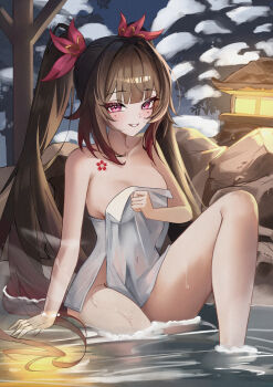 1girl alternate_breast_size_(larger) breasts brown_hair cleavage commentary_request covered_navel flower_tattoo highres honkai:_star_rail honkai_(series) large_breasts long_hair looking_at_viewer luto naked_towel night night_sky onsen outdoors purple_eyes sky smile snow solo sparkle_(honkai:_star_rail) tattoo towel tree twintails very_long_hair water