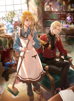 1boy 1girl apron armchair ascot bandage_over_one_eye bell_jar black_ascot black_gloves black_pants black_pantyhose black_shirt black_shoes blue_butterfly blue_shirt book book_stack bookshelf boots branch broom brown_boots brown_eyes brown_skirt bug butterfly chair closed_mouth collared_shirt cross-laced_clothes cross-laced_top crossed_legs crumpled_paper curtained_hair day dress_shirt foot_out_of_frame frilled_apron frilled_shirt_collar frilled_skirt frilled_sleeves frills gloves hair_over_shoulder half_gloves herb_bundle herbarium highres hirowa_re_deshi_to_birei_majutsu-shi holding holding_broom indoors insect jar light_particles long_hair long_sleeves looking_to_the_side low_ponytail medium_hair muntins official_art open_mouth open_suitcase pants pantyhose paper parted_bangs plant ponponpananda ponytail potion potted_plant red_shirt red_socks scroll shirt shoes sitting skirt slime_(substance) smile socks standing suitcase sunlight surprised sweatdrop table two-tone_shirt vase vial vines white_apron window wooden_floor