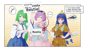 ... 3girls :| angry aroevela bare_shoulders belt black_belt blue_eyes blue_hair blue_shirt blue_skirt blunt_bangs border breasts brown_shirt brown_shorts clenched_teeth closed_mouth collared_shirt commentary commission detached_sleeves earrings english_commentary english_text facial_mark frilled_shirt_collar frilled_sleeves frills gold_buckle gold_headwear green_eyes green_hair grimace hair_ornament hair_tubes hairband hands_on_own_hips headpiece heart heart_hair_ornament holding jewelry key_earrings kochiya_sanae komeiji_satori large_breasts long_hair long_sleeves low-tied_long_hair medium_breasts medium_hair michigami_nareko multiple_girls open_mouth patterned_clothing pink_skirt pointing pointing_at_another polka_dot polka_dot_background print_skirt purple_eyes purple_hair quad_tails shirt short_sleeves shorts single_hair_tube single_sidelock skirt skirt_set sleeveless sleeveless_shirt smile snake_hair_ornament speech_bubble spoken_ellipsis striped_capelet swept_bangs teeth third_eye touhou triangle triangle_facial_mark upper_body v-shaped_eyebrows wavy_hair wide_sleeves wing_collar