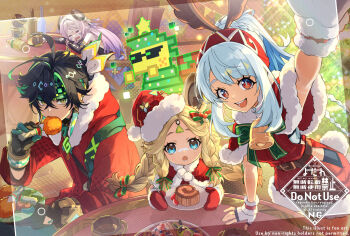 1boy 3girls ajaw_(genshin_impact) alcohol amillion_(zenless_zone_zero) animal_ears bangboo_(zenless_zone_zero) bare_shoulders bell black_gloves black_hair blonde_hair blue_eyes blush body_markings bow bracelet capelet christmas citlali_(genshin_impact) commentary commentary_request dress drooling drunk eating facial_mark fingerless_gloves fish-shaped_pupils floating_headgear food forehead_mark fur-trimmed_capelet fur-trimmed_dress fur-trimmed_headwear fur_trim genshin_impact gloves green_bow green_eyes green_gloves green_hair hair_bow hat headgear highres holding holding_food itsumono_katze jacket jewelry kachina_(genshin_impact) kinich_(genshin_impact) long_hair mittens mouth_drool mualani_(genshin_impact) multicolored_bow multicolored_gloves multicolored_hair multiple_girls neck_bell open_mouth pink_hair pixelated red_bow red_eyes red_jacket ring_hair_ornament santa_costume santa_hat sunglasses tan tankard tanline triangle triangle_facial_mark twitter_username watermark zenless_zone_zero