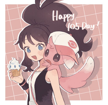Rule 34 | 1girl, alternate color, baseball cap, black vest, blue eyes, blush, breasts, brown hair, casteliacone, commentary request, drooling, hat, high ponytail, highres, hilda (pokemon), hime (himetya105), holding, holding ice cream cone, ice cream cone, long hair, mouth drool, nintendo, on shoulder, open clothes, open mouth, open vest, poke ball print, pokemon, pokemon (creature), pokemon bw, pokemon on shoulder, ponytail, shiny pokemon, shirt, sidelocks, smile, vest, white shirt, wristband