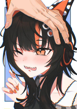 1girl absurdres animal_ear_headphones animal_ears black_hair cat_ear_headphones cat_ears commentary_request eyeball_hair_ornament fake_animal_ears headpat headphones highres mahou_shoujo_no_majo_saiban multicolored_hair off-shoulder_sweater off_shoulder omegayukichi open_mouth orange_eyes orange_nails orange_streaks sawatari_coco sharp_teeth simple_background slit_pupils solo streaked_hair sweater teeth
