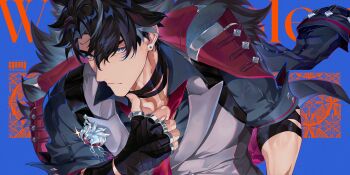 Rule 34 | 1boy, absurdres, artist name, bandaged arm, bandaged neck, bandages, black coat, black gloves, black hair, black shirt, blue eyes, chain, character name, closed mouth, coat, coat on shoulders, collared shirt, commentary, earrings, english commentary, facial scar, fingerless gloves, fur-trimmed coat, fur trim, genshin impact, gloves, grey hair, grey vest, hair between eyes, hand up, highres, jewelry, lapels, looking at viewer, male focus, multicolored hair, necktie, parted bangs, red necktie, scar, scar on arm, scar on cheek, scar on face, scar on neck, serious, shirt, short hair, short sleeves, snvvvo, solo, split mouth, streaked hair, stud earrings, two-sided coat, two-sided fabric, upper body, v-shaped eyebrows, vest, watermark, wriothesley (genshin impact)