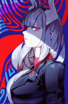 black_necktie breasts cleavage commentary demon_girl demon_horns from_side frown hairband hashtag-only_commentary helltaker highres horns large_breasts lucifer_(helltaker) mole mole_under_eye necktie nnsee_d pale_skin profile red_eyes shade slit_pupils spiked_hairband spikes white_hair white_horns