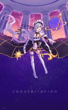 1girl :d absurdres black_dress blue_eyes cloud cloudy_sky cokibz commentary_request dress frilled_dress frills full_body hair_ornament highres honkai_(series) honkai_impact_3rd long_hair looking_at_viewer open_mouth sky smile solo sunset theresa_apocalypse theresa_apocalypse_(empyrean_psalms) thighhighs twintails white_hair white_thighhighs