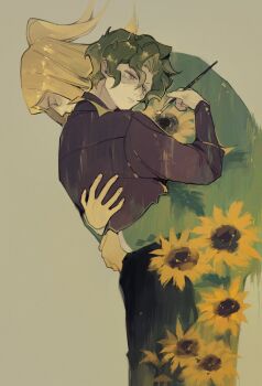 2boys arm_up black_pants blonde_hair brassius_(pokemon) closed_eyes closed_mouth coat commentary feet_out_of_frame flower green_coat green_hair grey_eyes hassel_(pokemon) highres holding holding_paintbrush hug layered_sleeves long_sleeves luminous_slime male_focus multiple_boys nintendo paintbrush pants parted_lips pokemon pokemon_sv ponytail short_hair standing sunflower symbol-only_commentary wavy_hair yaoi yellow_flower