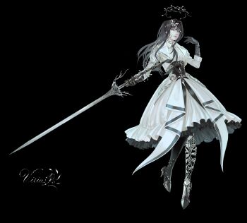 1girl black_hair closed_mouth digimon dress english_text eve7d6 full_body gauntlets gloves highres holding holding_weapon humanization long_hair long_sleeves looking_at_viewer simple_background solo weapon white_dress yellow_eyes yggdrasill_(digimon)